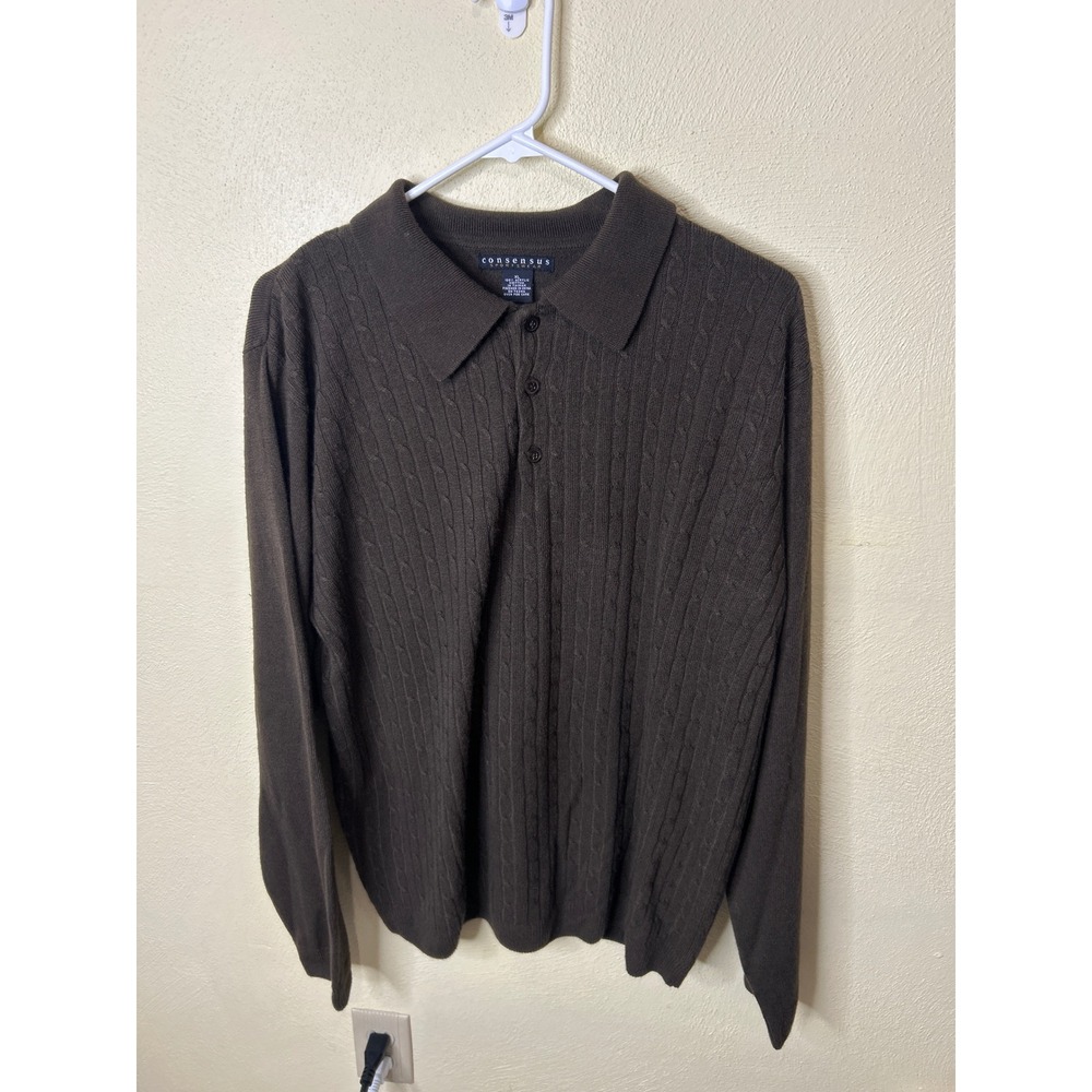 Consensus Sportswear Mens XL Brown Cable Knit‎ Long Sleeve Polo Sweater Acrylic
